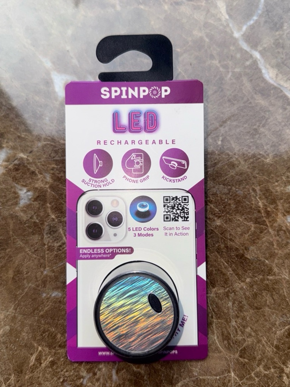 SpinPop LED Rechargeable Phone Grip & Kickstand in Iridescent Purple